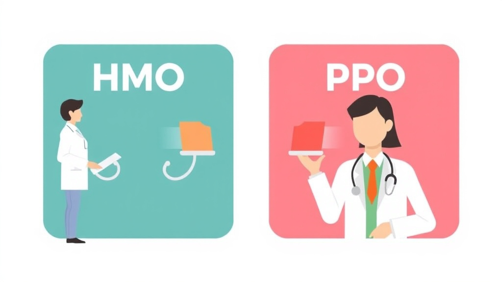 Educational graphic covering the essentials of HMO vs. PPO Appeal Process Differences