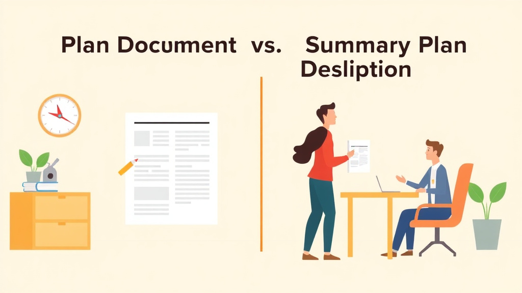 A professional illustration depicting plan Document vs. Summary Plan Description