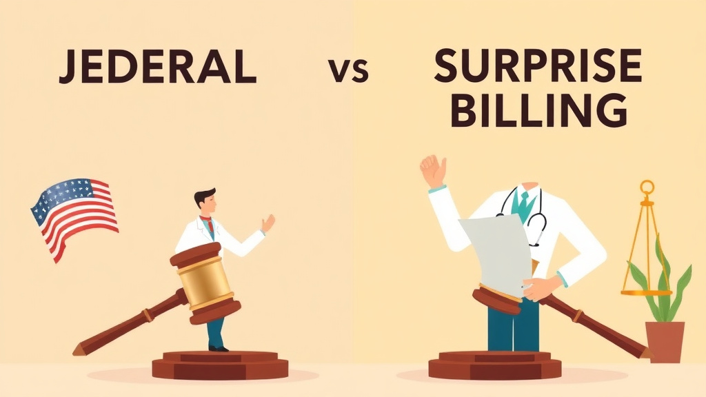 An informative visual explaining federal vs. State Surprise Billing Laws for beginners and professionals